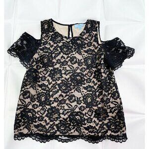CeCe Sz S Black Scalloped Lace Overlay Cold Shoulder Blouse Top Womens